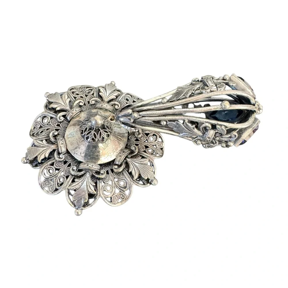 Joseff Hollywood Ornate Silver Metal Brooch with Blue Glass  Accents